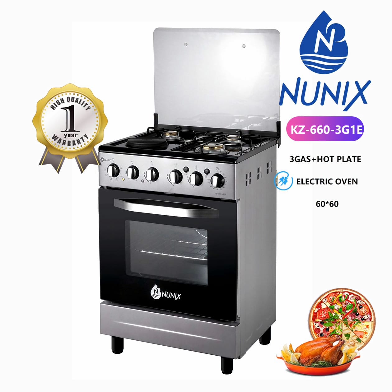 Nunix 60cm*60cm Free Standing 3 Gas Burner +1 Electric Cooker With Electric Oven Silver