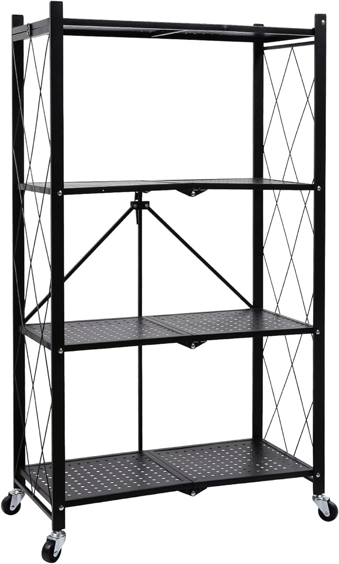 4-Tier Heavy Duty Foldable Metal Rack Storage Shelving Unit with Wheels Moving Easily Organizer Shelves Great for Garage Kitchen, Black