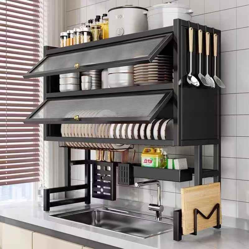 Best Quality Double Over the Sink Dish Rack with 2 Glass Acrylic Cover